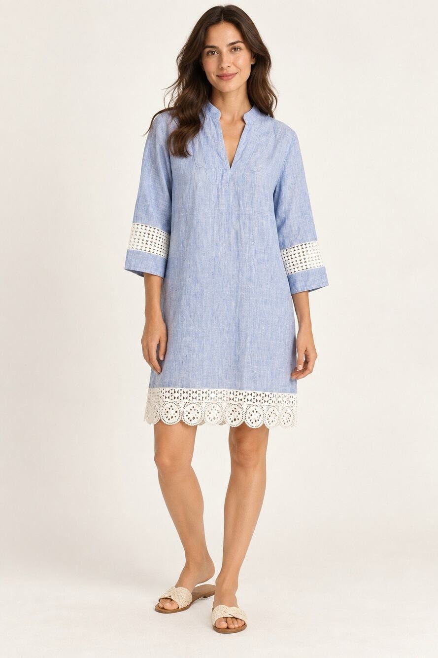 French Curve Womens XS 100% Linen Shift Dress Blue White Lace Trim 3/4 Sleeve